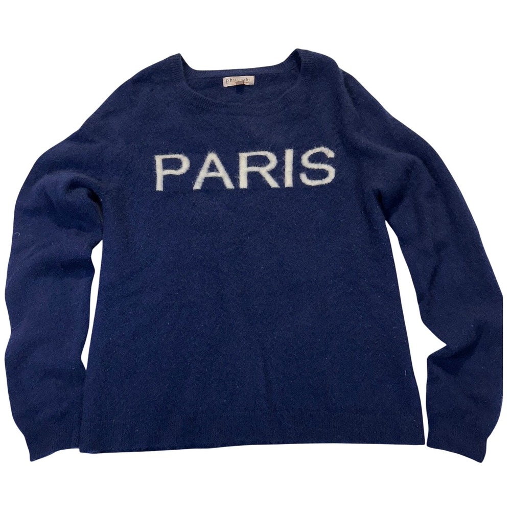 Philosophy Cashmere Sweater Women Large Navy Blue Paris Graphic Chic Travel Knit